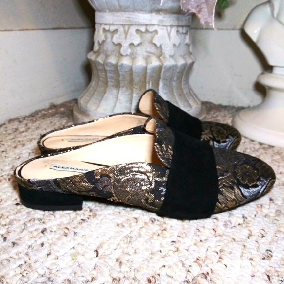 Like New Alex Marie Cecilia Black Suede & Metallic Floral Brocade Mules - Picture 1 of 7